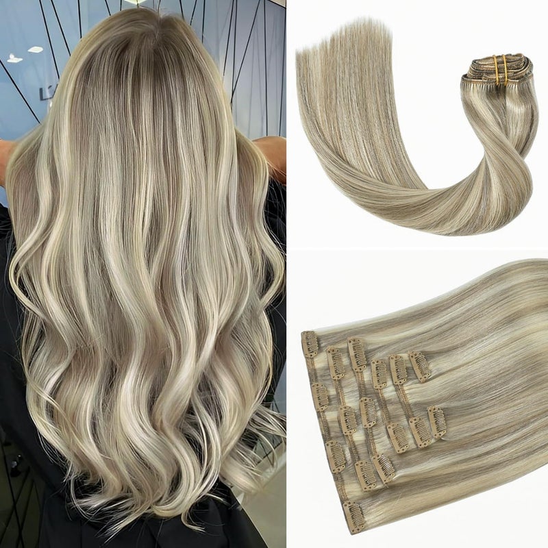 Blonde Clip in Hair Extensions Real Human Hair  15 inch 70g Ash Blonde Mixed Bleach Blonde Straight 7pcs Double Weft  100 Remy Human Hair Extensions 18p613